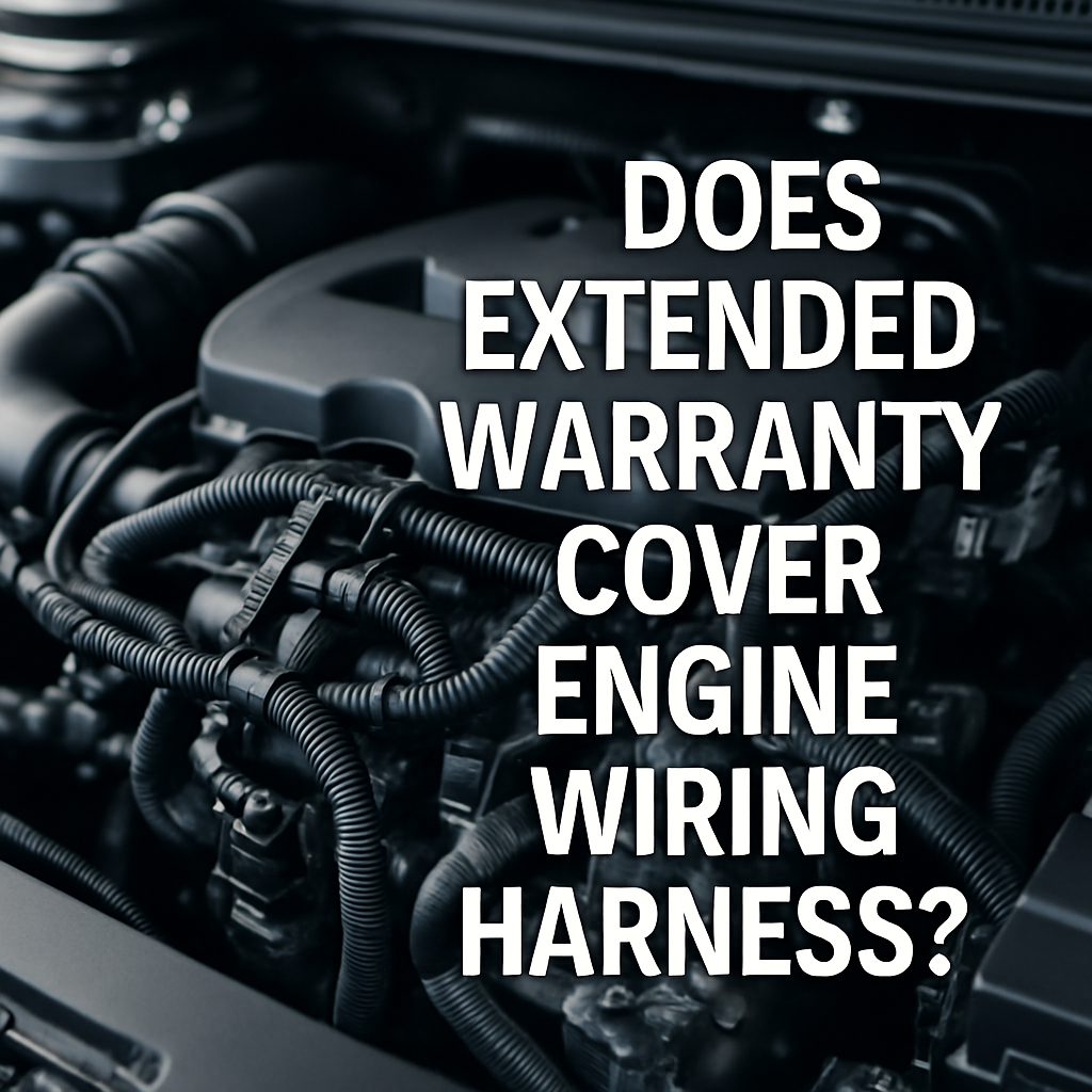 Detailed view of an engine compartment highlighting the wiring harness with text questioning extended warranty coverage for this component.