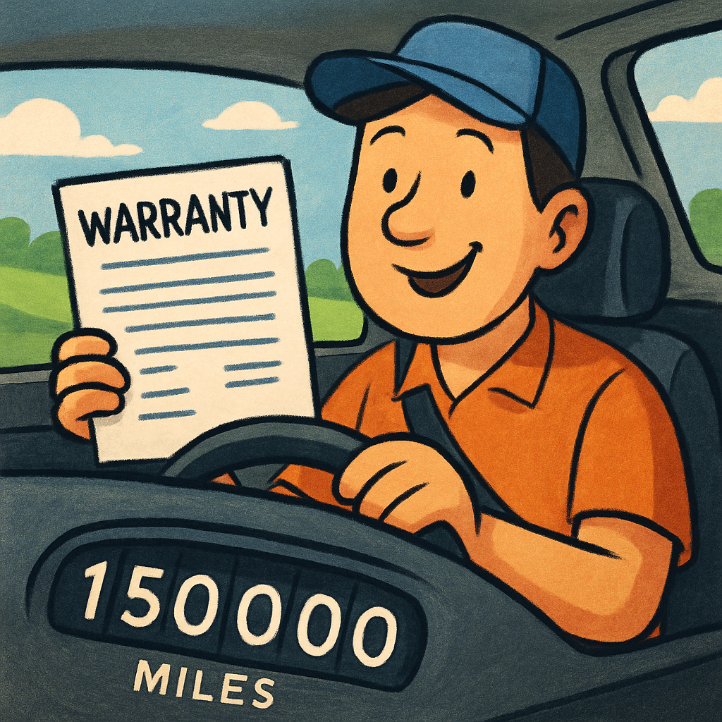 A cheerful illustration of a car odometer reading high mileage, with a smiling driver holding a warranty document, suggesting peace of mind for high mileage drivers considering an extended warranty.