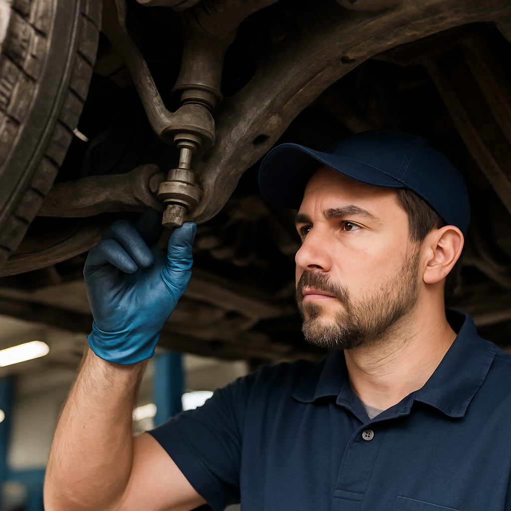 A mechanic inspects a car's ball joint under a lift, highlighting the complexities of warranty coverage for vehicle components.