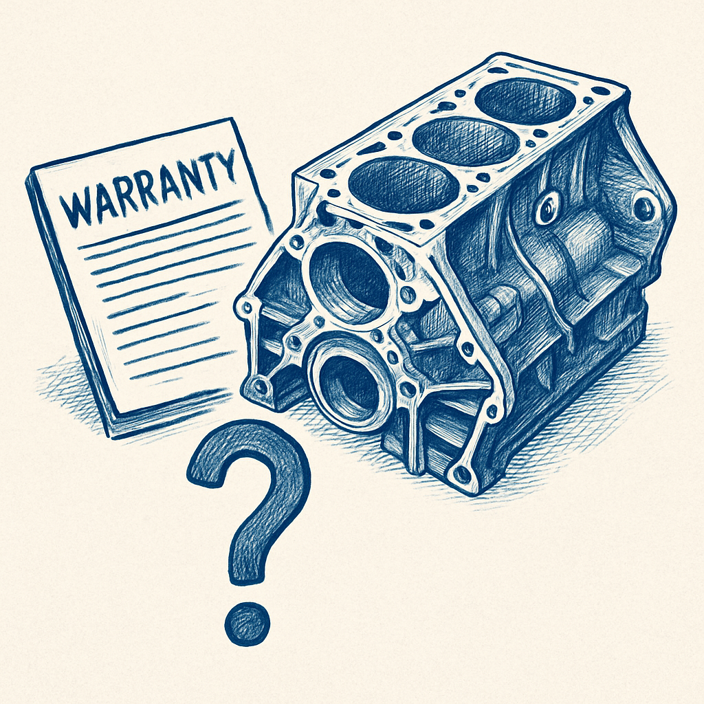 Technical illustration exploring the coverage of a cylinder block under extended warranty policies.