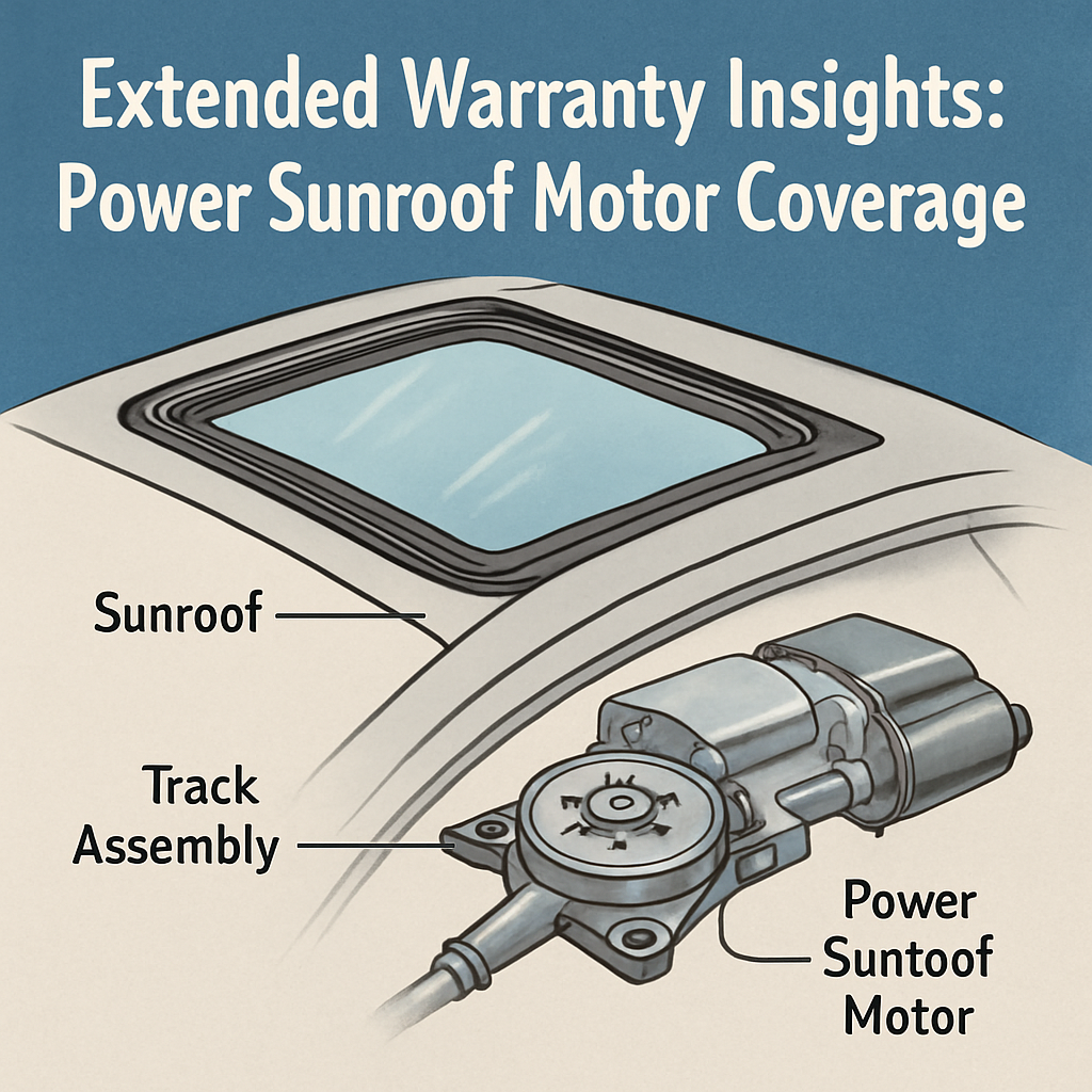 Illustration of a power sunroof motor with annotations explaining extended warranty coverage specifics.