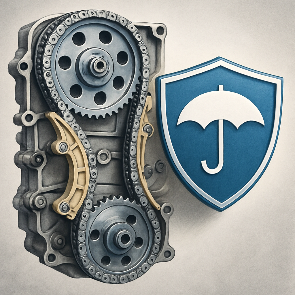 Illustration of a timing chain with a focus on extended warranty coverage, highlighting the protection benefits for timing chain replacement, presented in a technical and positive manner.