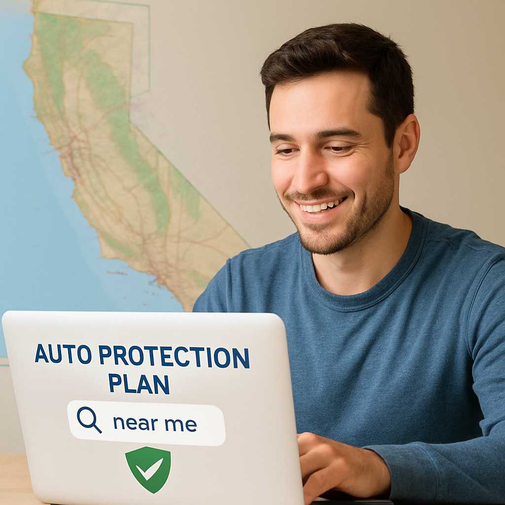 Person happily reviewing auto protection plans on a laptop with California map in the background, searching for the best auto protection plan near me.