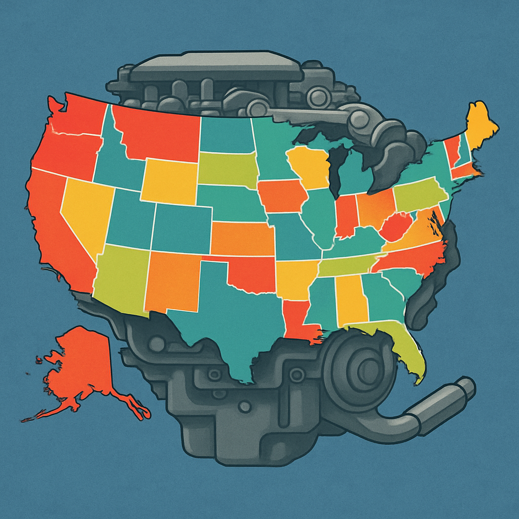 A colorful map of the United States highlights engine repair coverage options available across different states.
