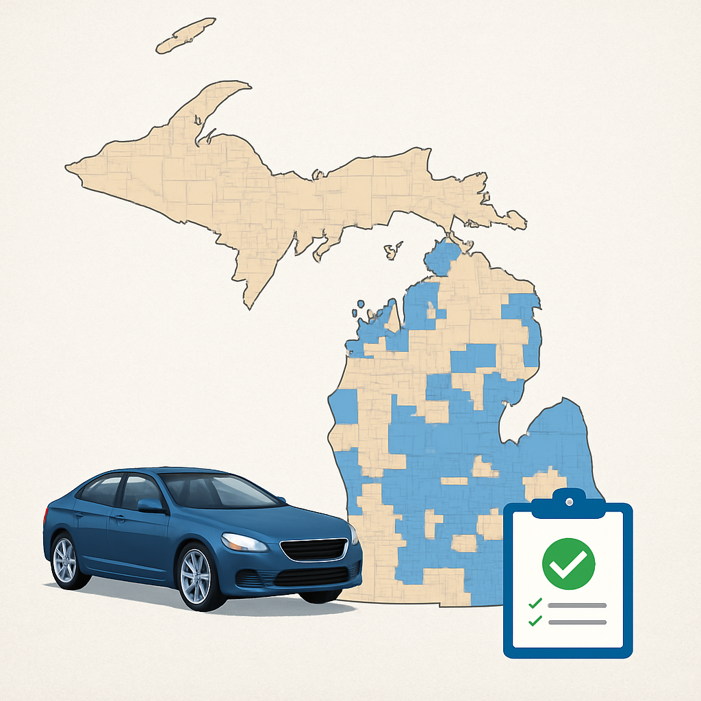 Map of Michigan highlighting ZIP codes with available extended car warranty coverage options.