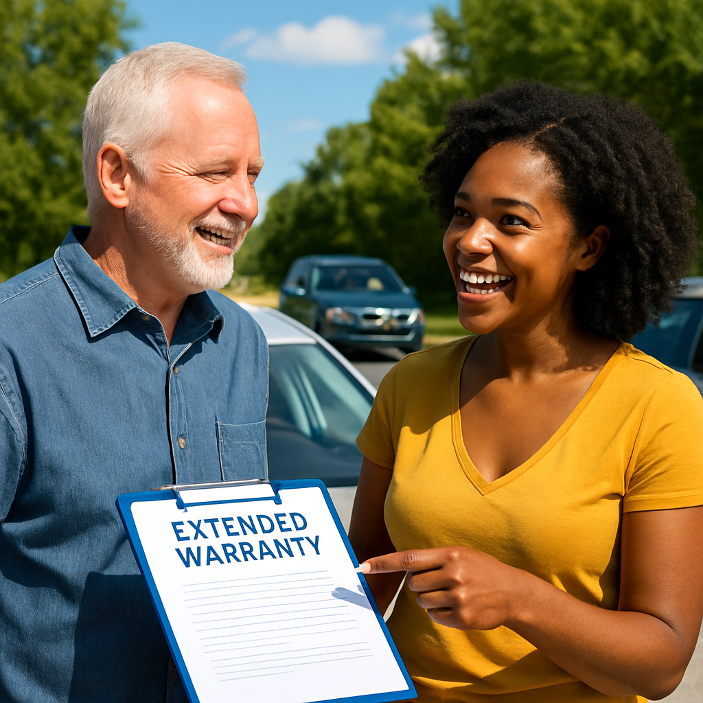 Two Michigan drivers happily discussing extended car warranty options for their vehicles on a sunny day.