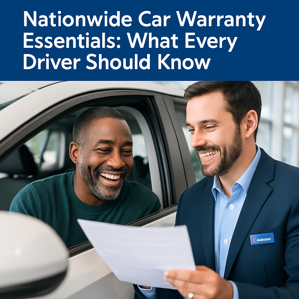 Happy driver reviewing nationwide car warranty options with a friendly company representative.