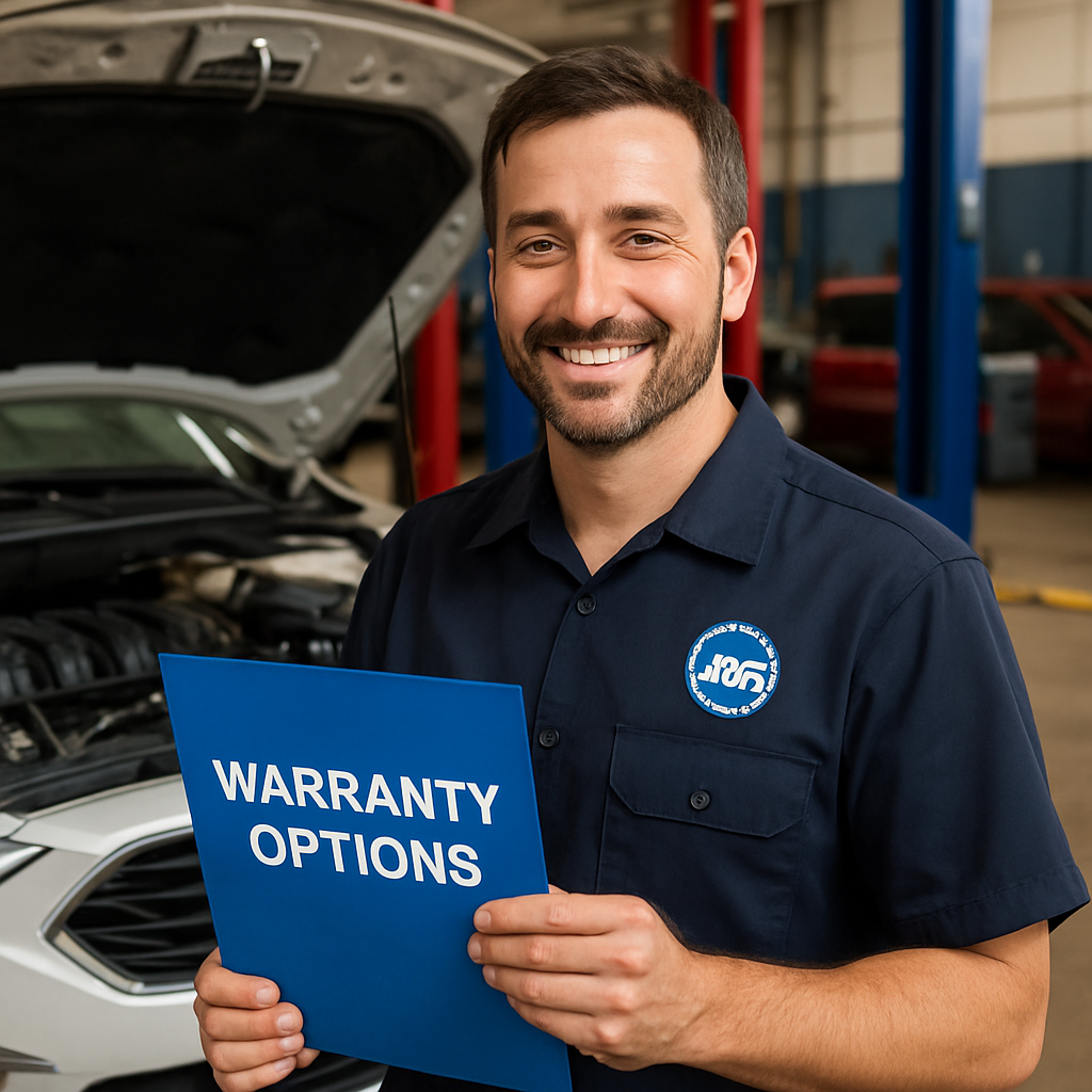 ASE certified mechanic reviewing warranty options for car repairs in Texas with a confident smile.