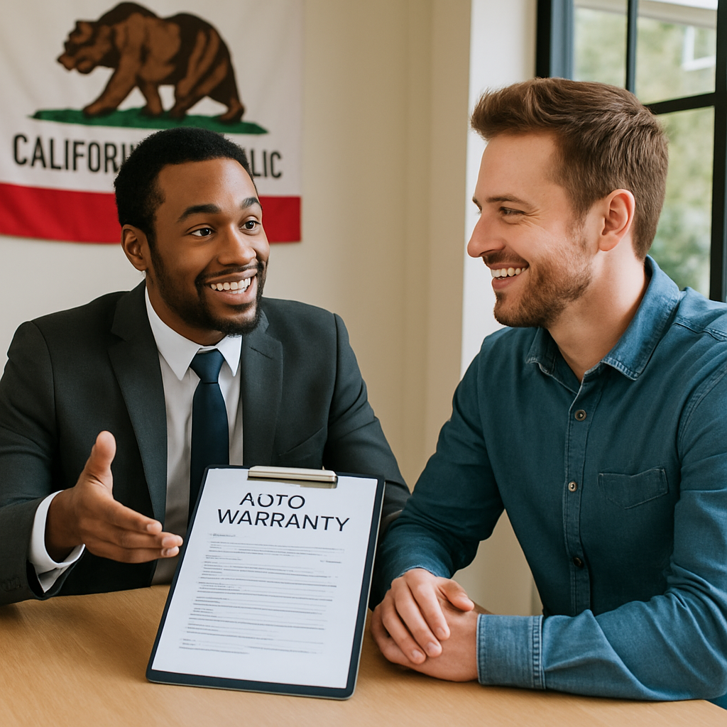 A friendly representative from a California auto warranty company explaining coverage options to a smiling customer.