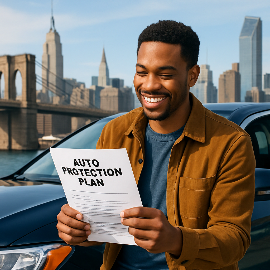 A happy car owner in New York reviewing their auto protection plan with Titan Warranty for peace of mind on the road.