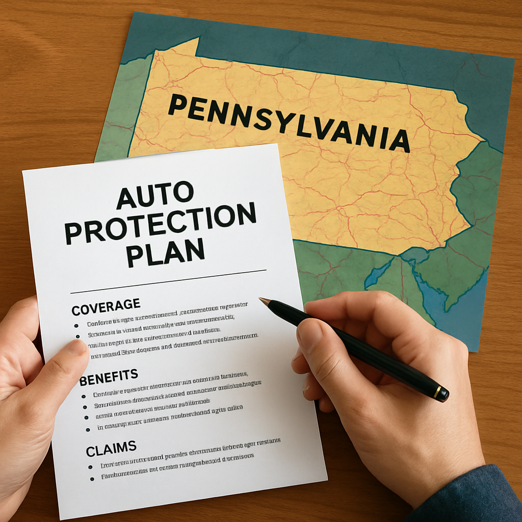 Person reviewing auto protection plan documents with a Pennsylvania state map in the background, highlighting key benefits and coverage options.