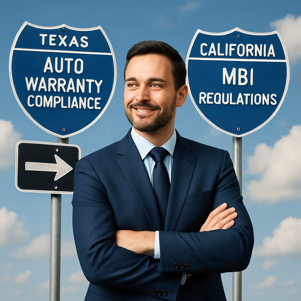 A Texas-based auto warranty company navigating compliance with California MBI regulations confidently.