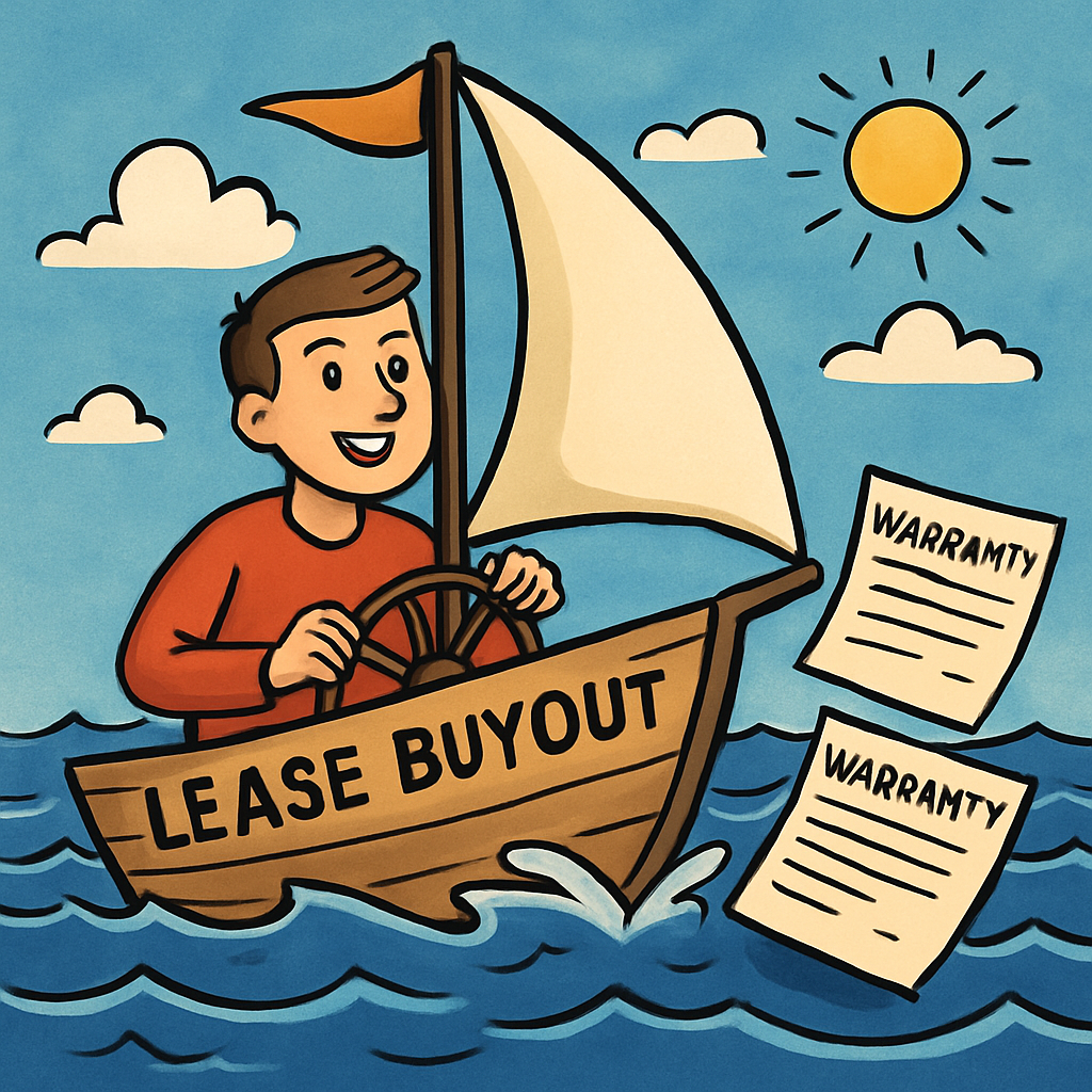 A cheerful cartoon depiction of a person sailing on a boat labeled "Lease Buyout," with warranty documents floating nearby, symbolizing understanding and navigating post-buyout warranty considerations.