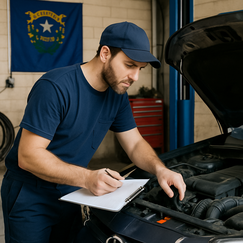 A mechanic inspects a car engine in a Nevada garage, highlighting local engine repair coverage options.