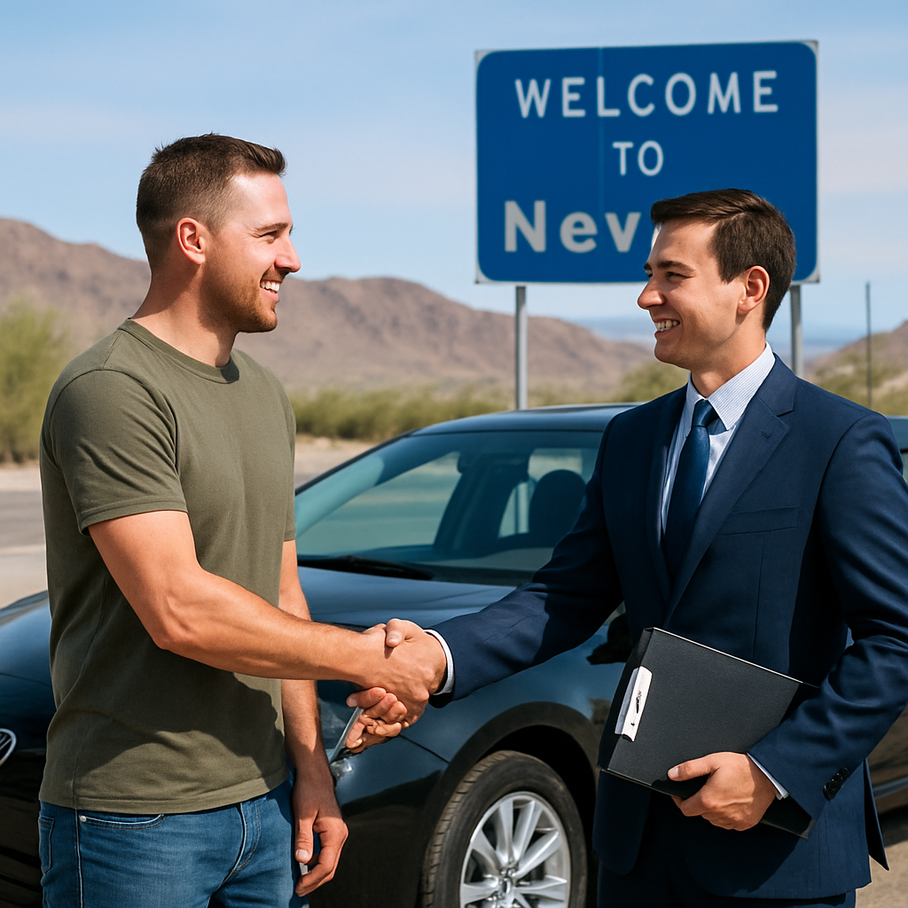 Nevada driver confidently shaking hands with auto warranty agent, showcasing trusted Titan Auto Warranty Advantage.