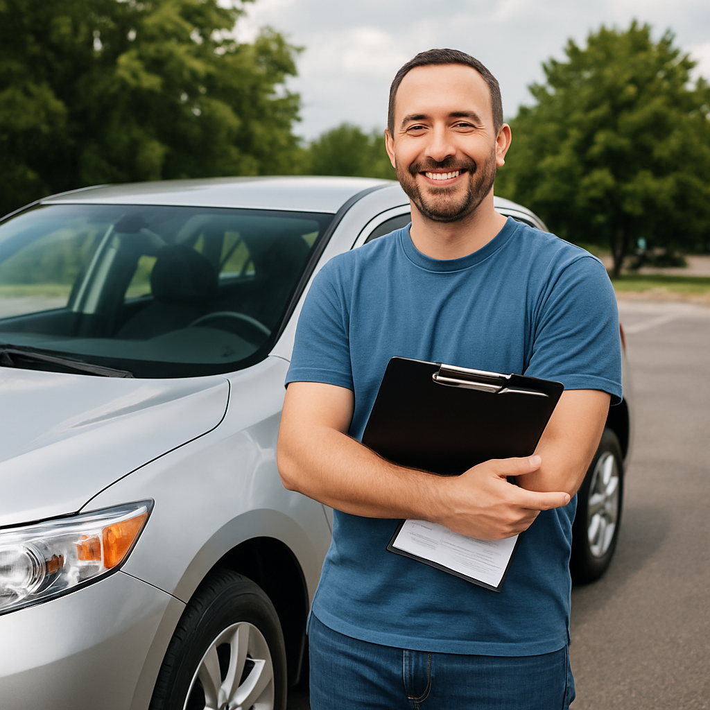 A smiling used car owner confidently stands beside their car, symbolizing the peace of mind that comes with having a vehicle service contract.
