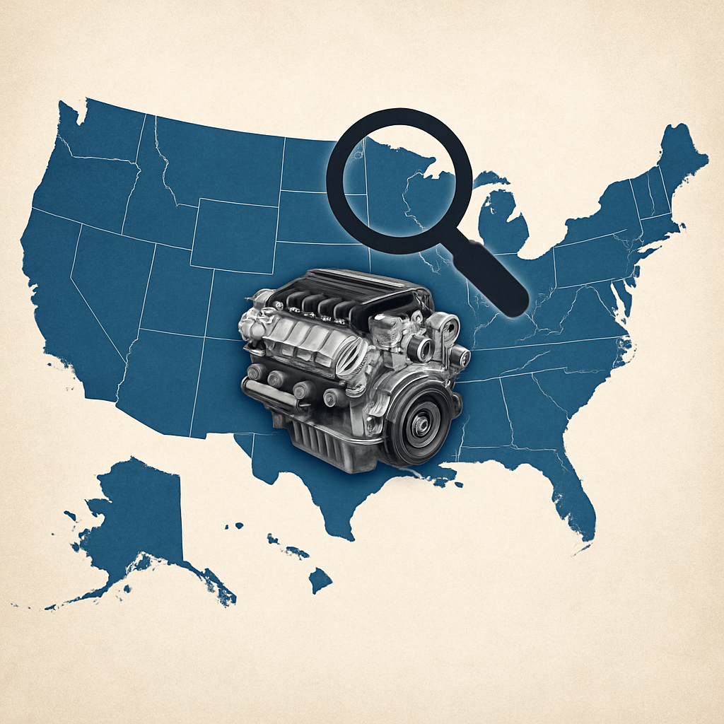 Map highlighting engine repair coverage across the United States, showcasing widespread service availability.