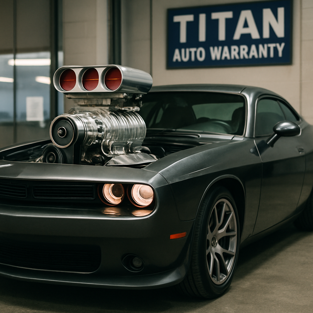 A sleek car with a supercharger, highlighting its coverage under a Titan auto warranty.