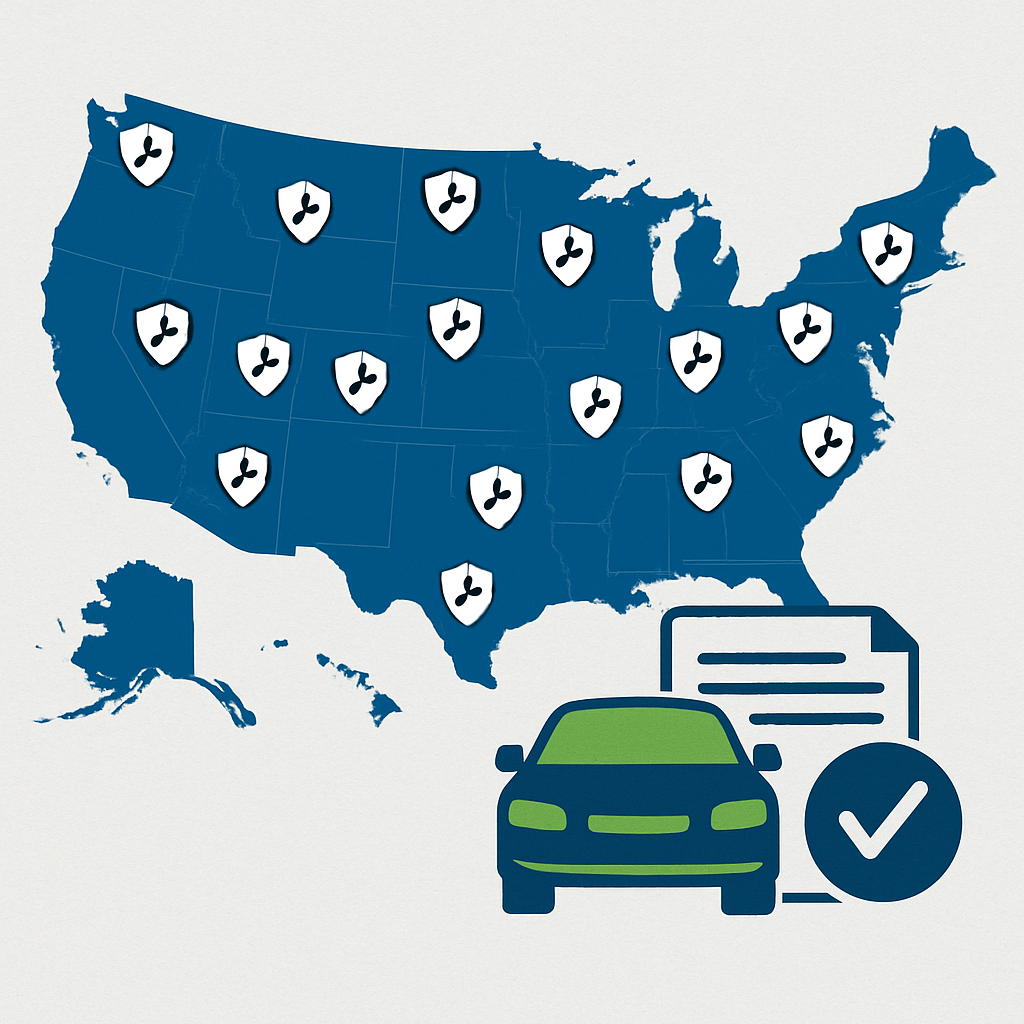 Map highlighting trusted car repair shops across the country connected to a nationwide car warranty company.