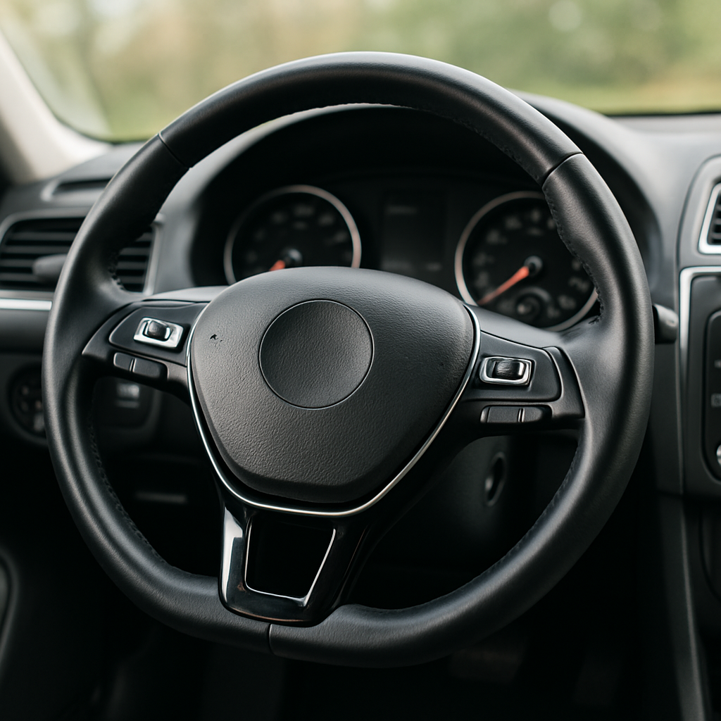 A close-up of a steering wheel in a well-maintained car, symbolizing the comprehensive coverage provided by a vehicle service contract, ensuring peace of mind for drivers.