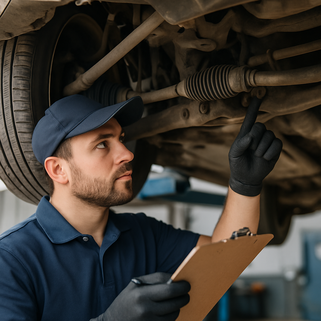A mechanic inspects a car's steering system, highlighting coverage benefits in a vehicle service contract.