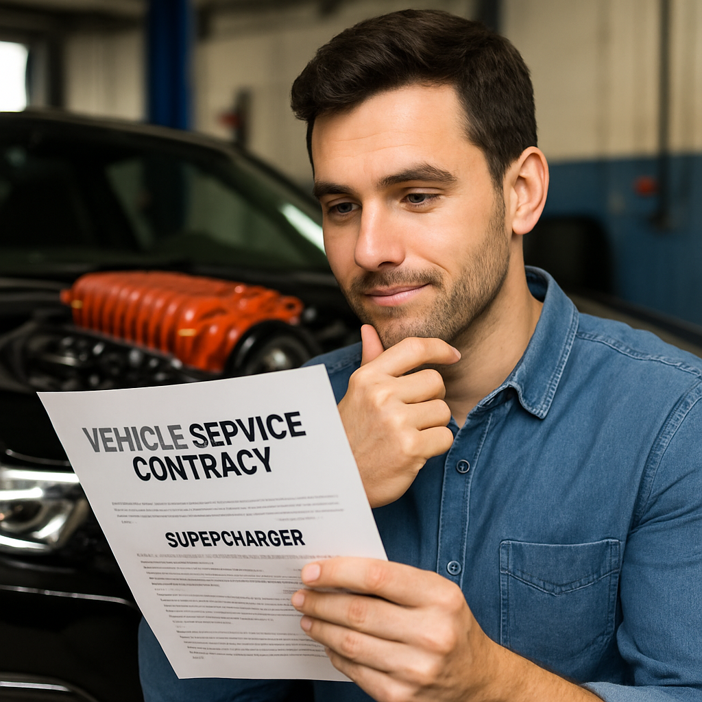 A person thoughtfully examining a vehicle service contract, focusing on supercharger coverage details, with a positive and confident expression.