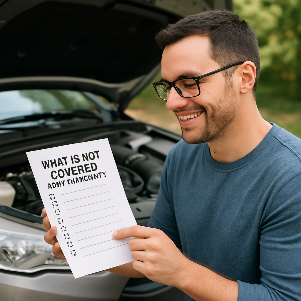 Car owner reviewing a checklist of items not covered by an auto warranty, smiling as they gain clarity on potential gaps.