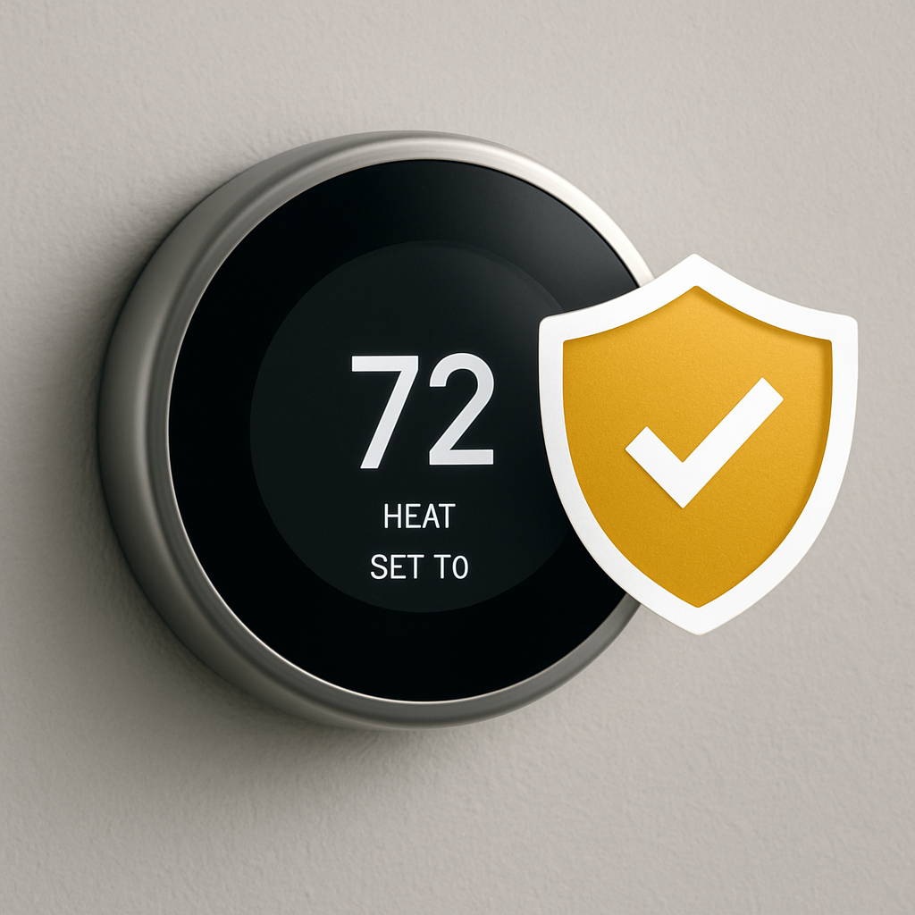 Close-up of a digital thermostat with a protective shield icon, symbolizing coverage under Titan's extended warranty.