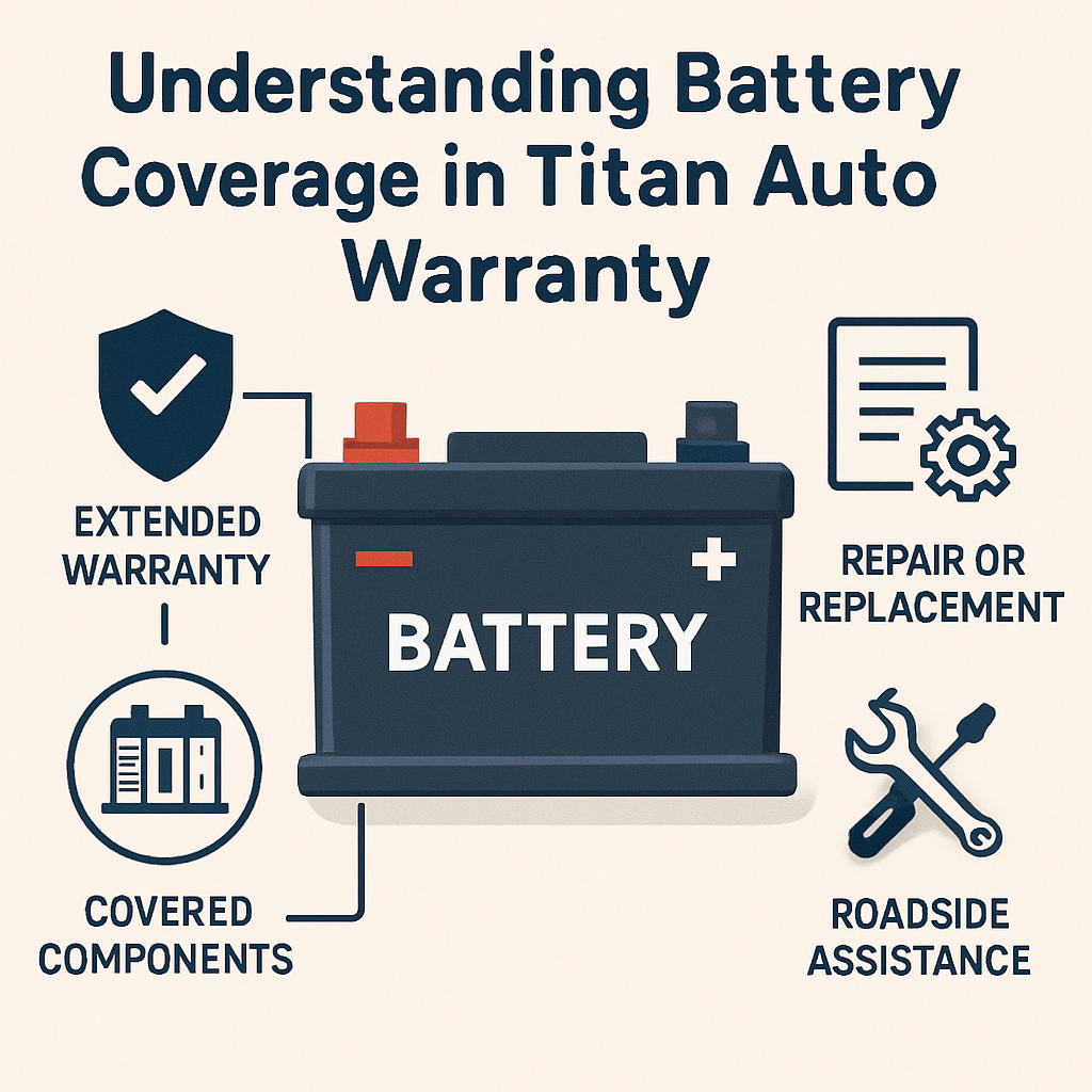Diagram illustrating battery coverage under an extended auto warranty plan, highlighting key components and service options.