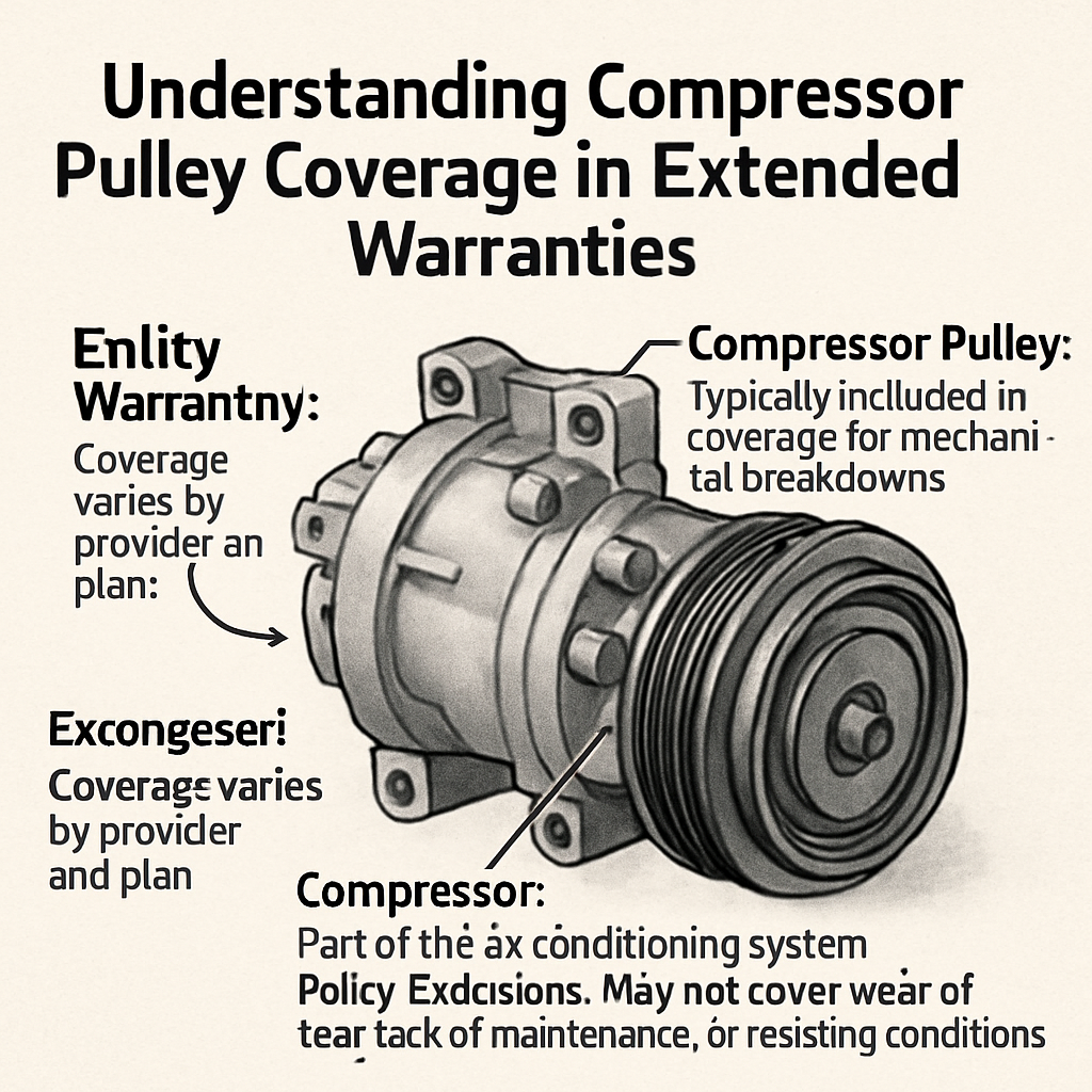 “Understanding Compressor Pulley Coverage in Extended Warranties” Diagram explaining the coverage of compressor pulleys under extended warranties, featuring detailed annotations and a focus on policy specifics.