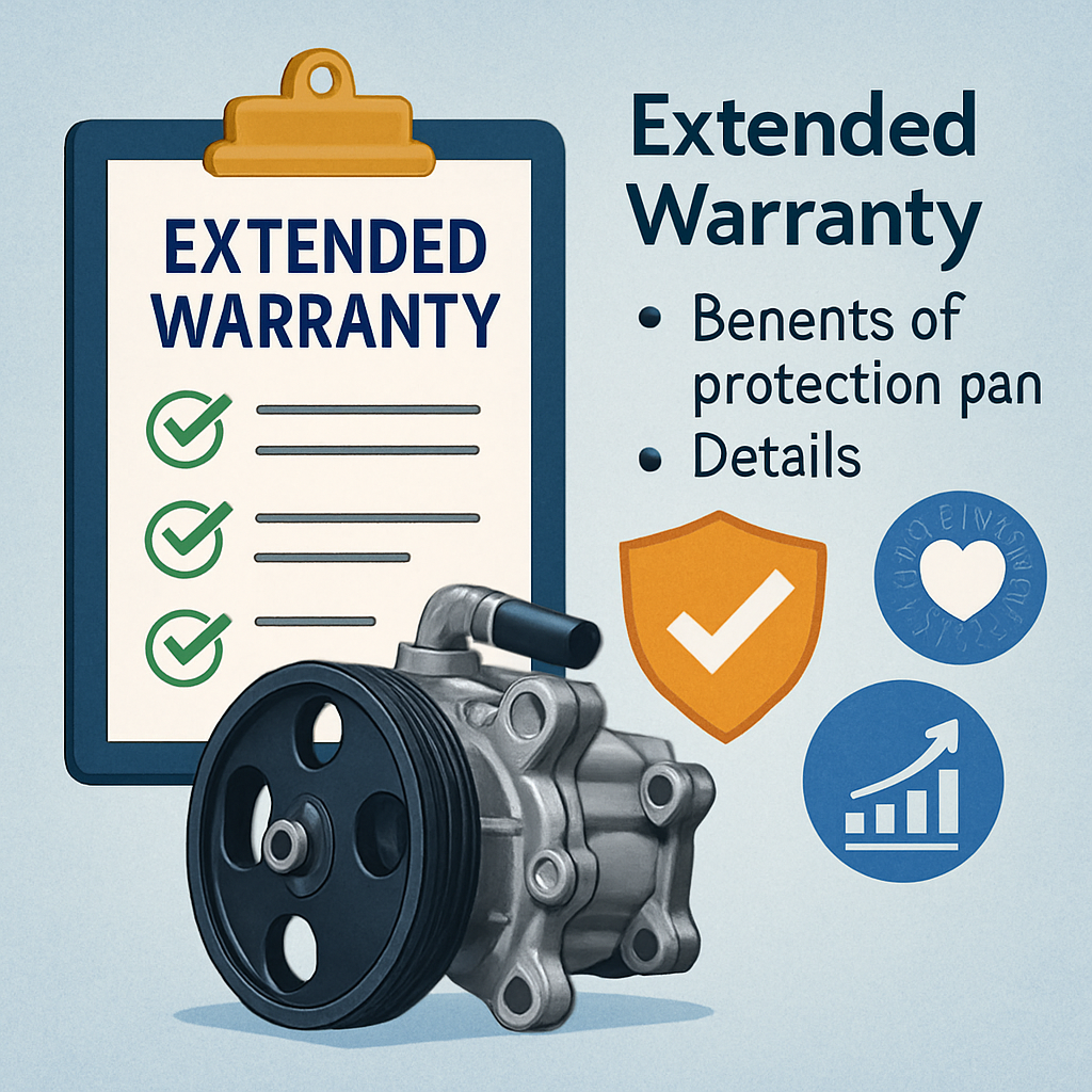 An informative illustration explaining the coverage of extended warranties for power steering pumps, highlighting the benefits and details of protection plans.