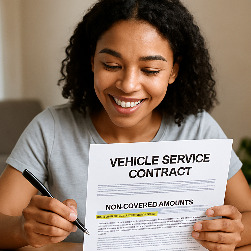 A smiling person reviewing a vehicle service contract, focusing on non-covered amounts, with a highlighted section explaining exclusions in a positive, clear manner.