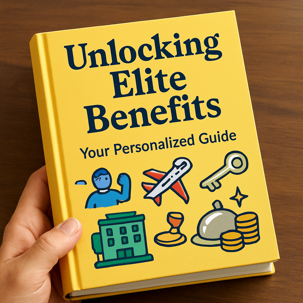 A friendly guidebook labeled "Unlocking Elite Benefits" with illustrations of various exclusive perks, offering a personalized approach to using elite benefits.