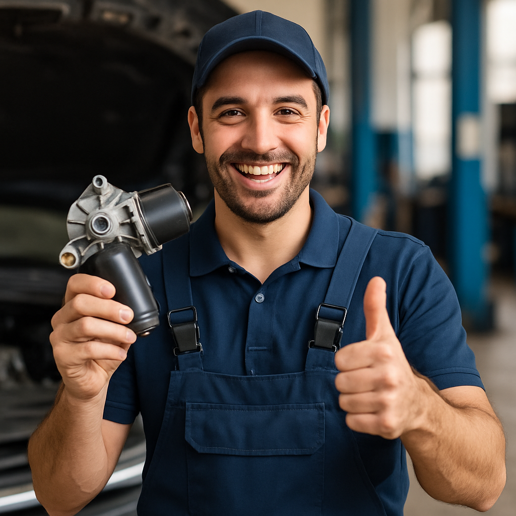 A joyful mechanic holding a wiper motor with a thumbs-up, symbolizing confidence in extended warranty coverage.