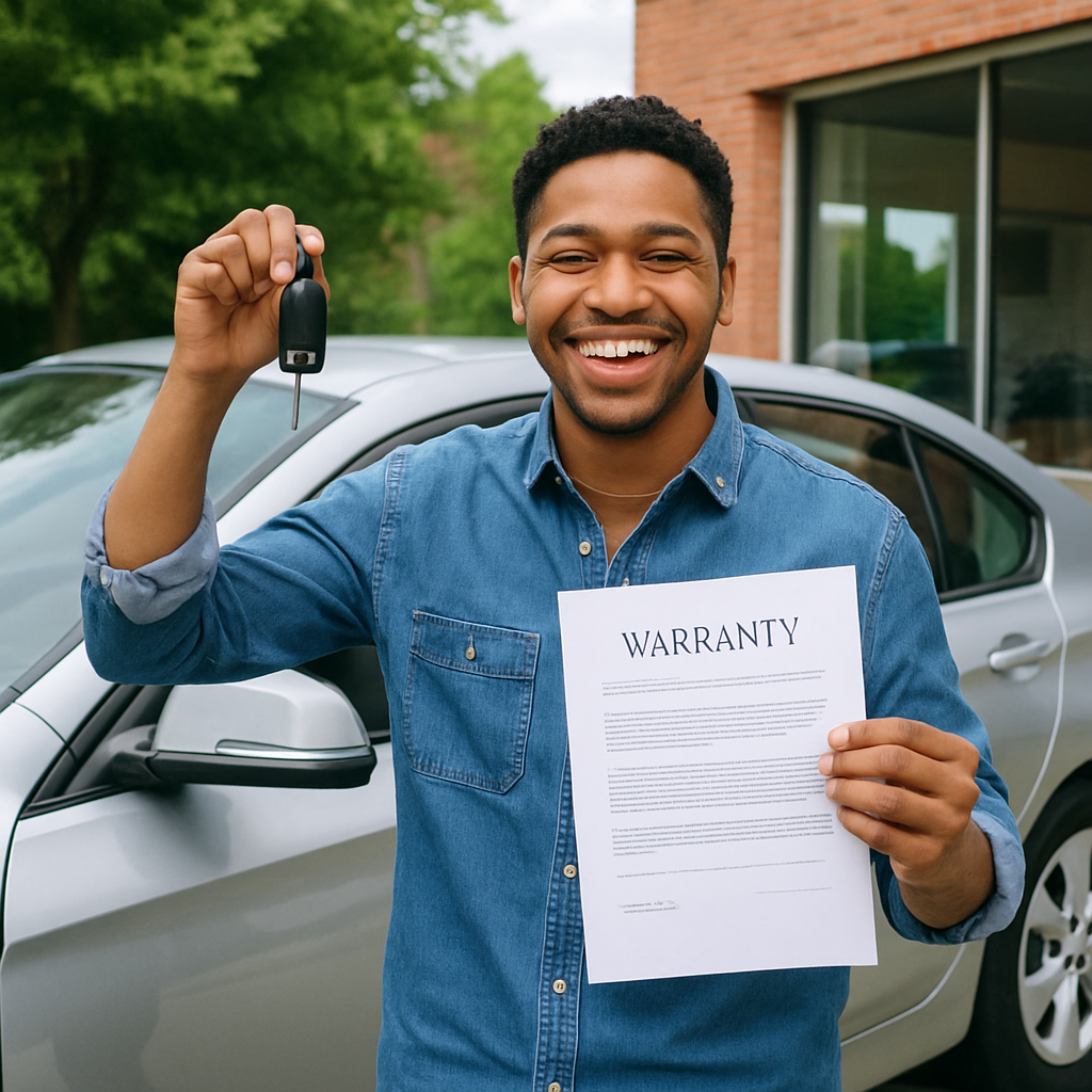 A cheerful person holding car keys, standing next to a recently bought-out leased car, with warranty documents in hand, ready to explore post-lease coverage options.