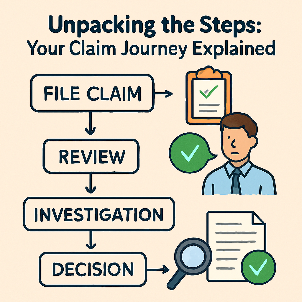 A friendly illustration depicting the step-by-step process that unfolds after filing a claim, highlighting each phase with simple icons and brief descriptions, ensuring clarity and reassurance.
