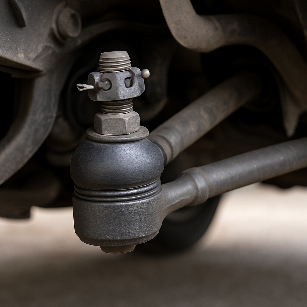A close-up of a tie rod end on a vehicle, highlighting its inclusion in extended auto warranty coverage.