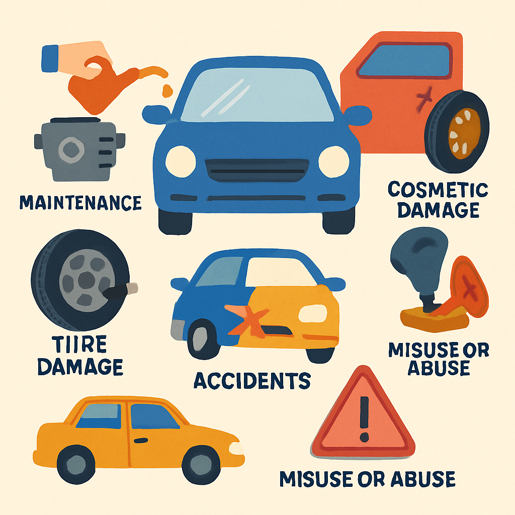 A colorful infographic illustrating various car parts and scenarios, highlighting those not covered by an auto warranty, such as routine maintenance, cosmetic damages, and wear-and-tear items, with playful icons and brief descriptions.
