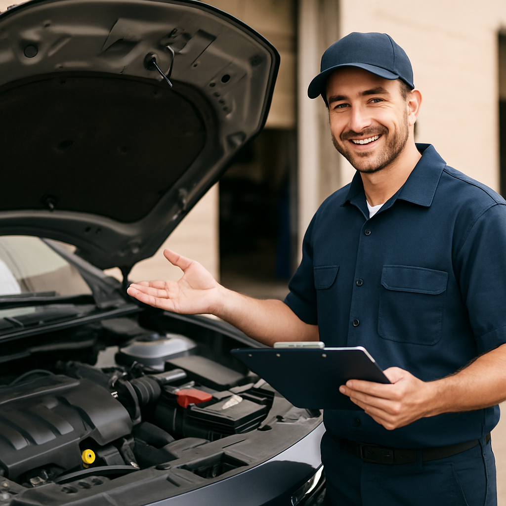 A smiling mechanic holding a clipboard stands next to a car with its hood open, gesturing towards the wiper motor, suggesting extended warranty coverage.