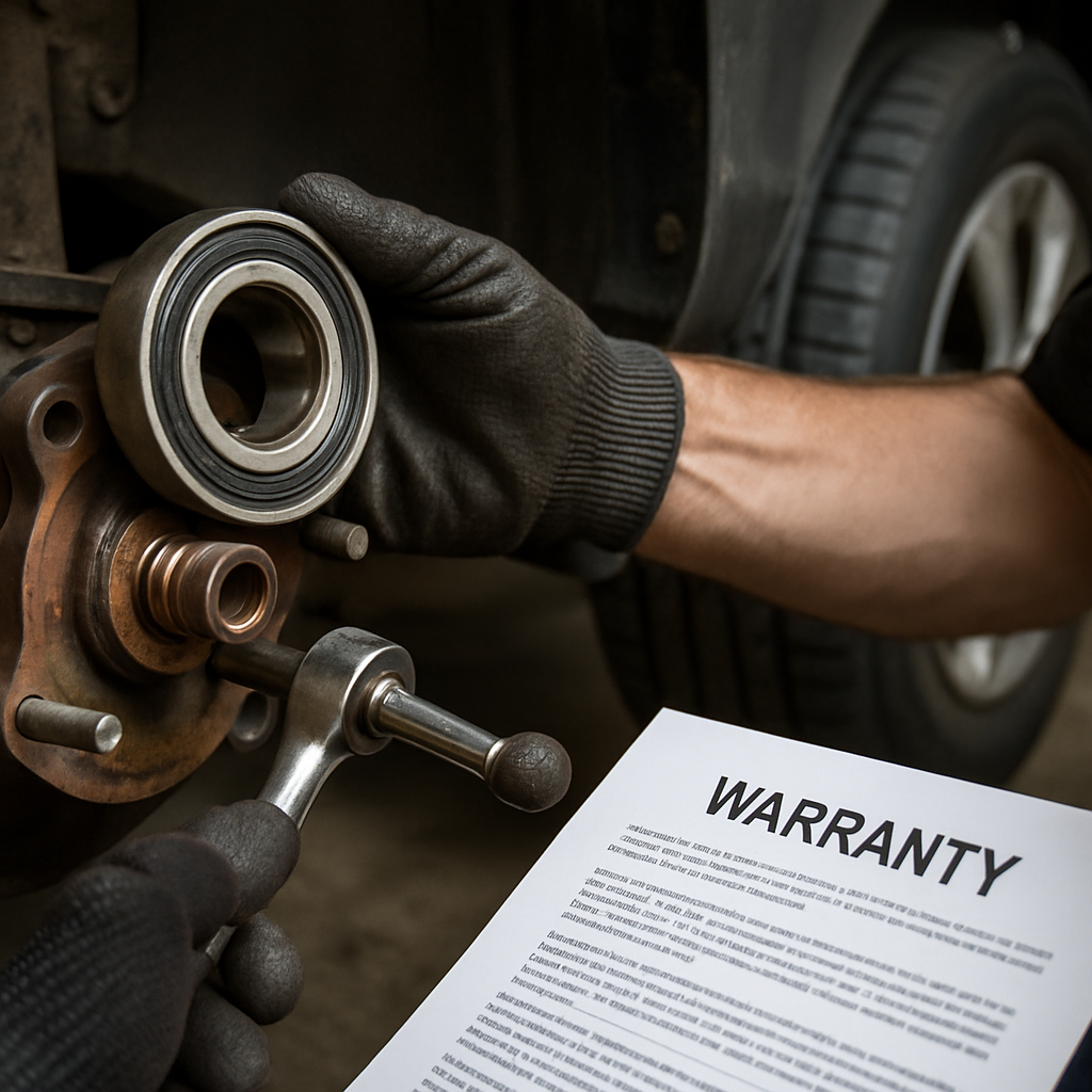 “Wheel Bearings and Your Warranty: What’s Covered?” Close-up of a mechanic working on a car's wheel bearing, with warranty documents in the background.